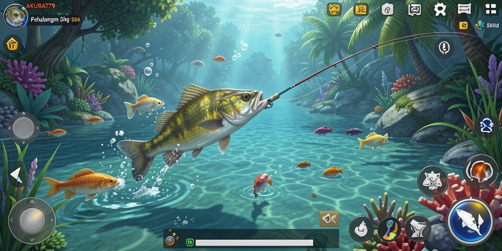 Screenshot gameplay AKURAT79 menampilkan suasana memancing yang ceria dan menantang.