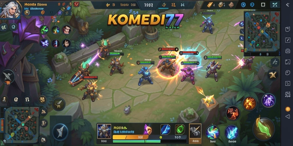 Tangkapan layar gameplay KOMEDI77 yang menunjukkan pertarungan seru di arena MOBA.