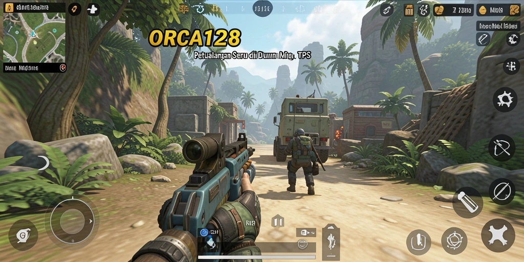 Tangkapan layar gameplay <strong>ORCA128</strong> yang menunjukkan aksi seru dalam pertempuran TPS.