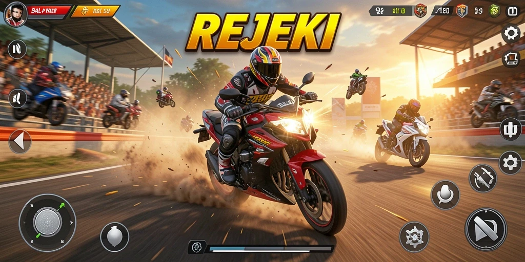 Tangkapan layar gameplay REJEKI dengan balapan motor yang intens.