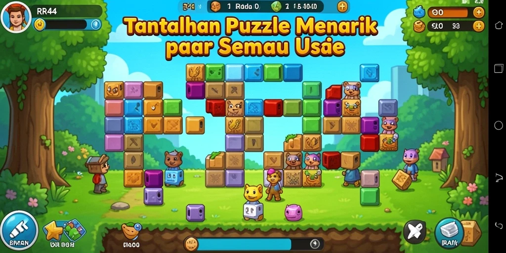 Tampilan gameplay RR44 yang penuh warna dengan teka-teki menarik.