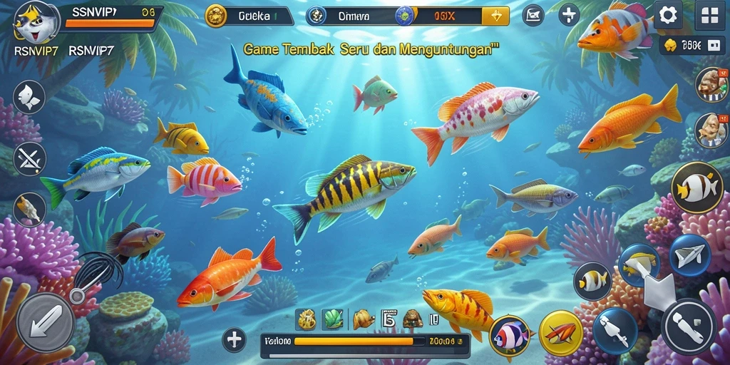 Gameplay mendebarkan RSNVIP7 saat menembak ikan yang berwarna-warni.