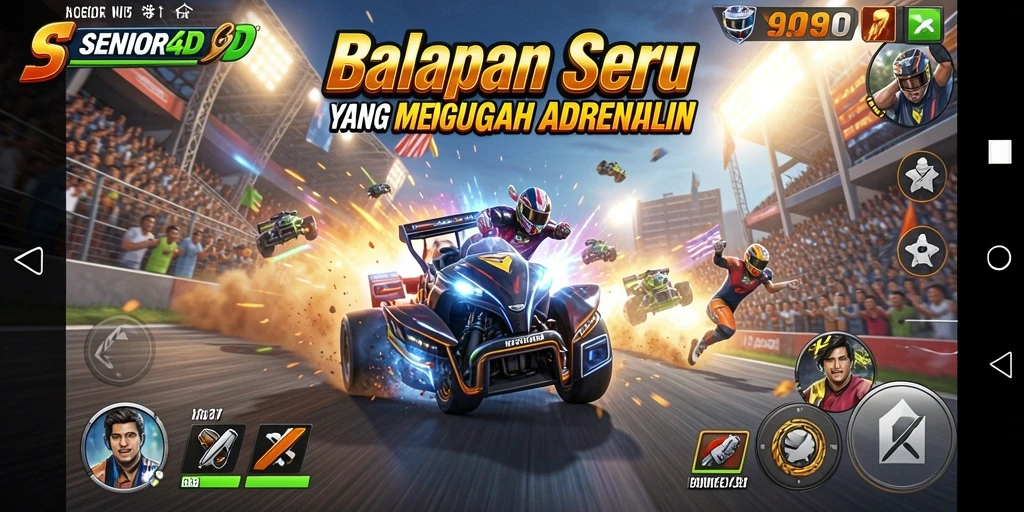 Screenshot gameplay SENIOR4D menampilkan aksi balapan yang mendebarkan.