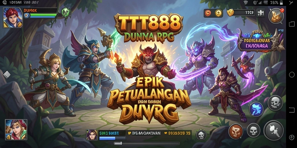 Screenshot utama TTT888 menunjukkan pemain bertarung melawan monster di dunia fantasi.
